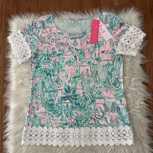 Lilly Pulitzer Top Womens Small Hayes Shirt Crochet Colorful Green Pink Boho NWT